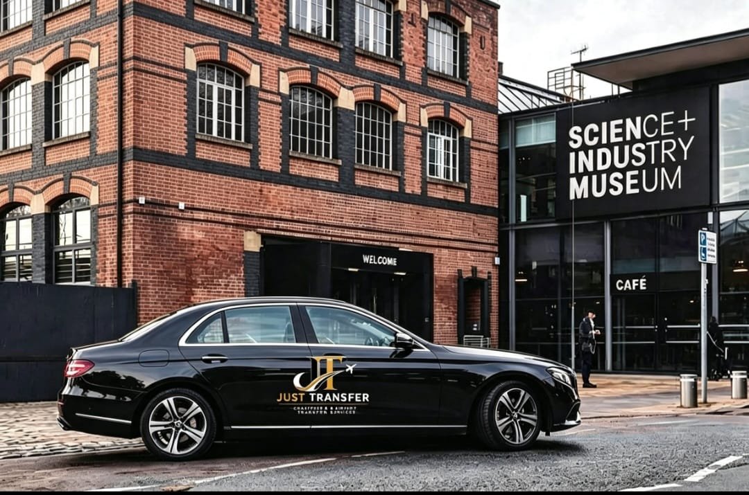 Black Mercedes executive chauffeur car outside Manchester's Science and Industry Museum